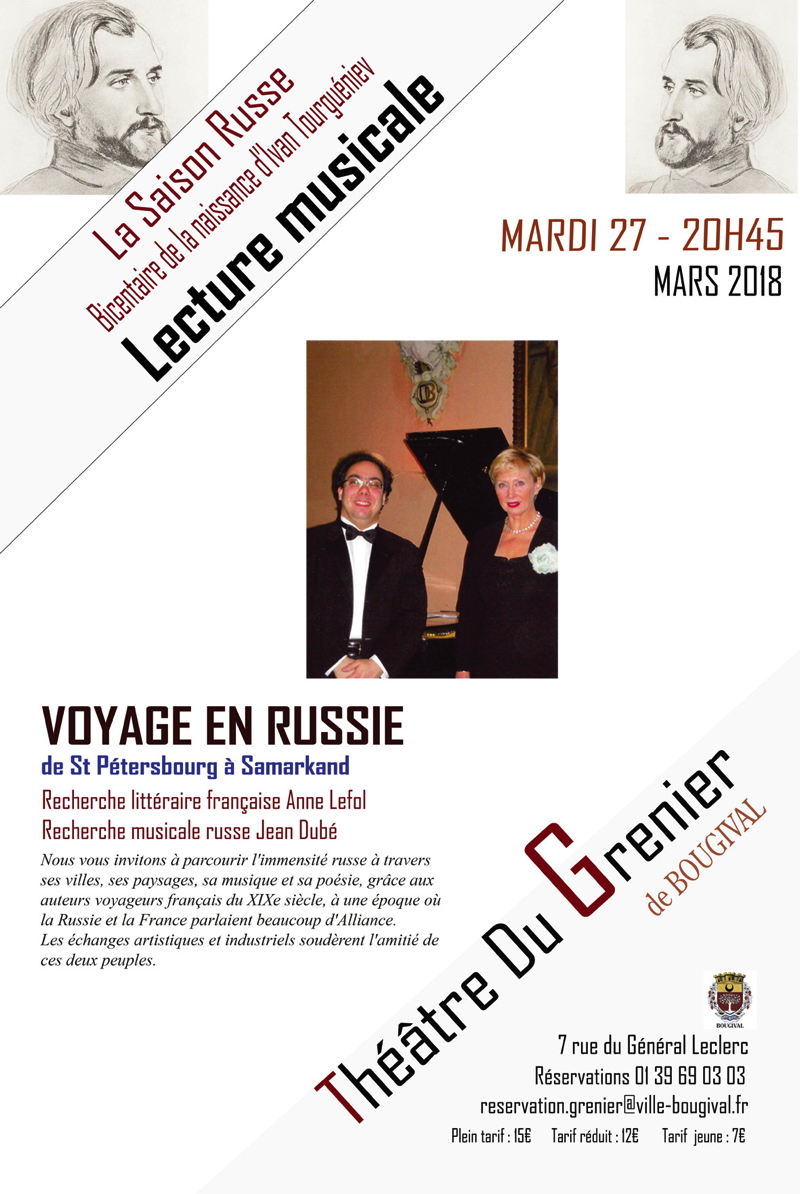 Affiche. Bougival.  Bicentenaire de la naissance d'Ivan Tourguéniev. Voyage en Russie de Saint-Pétersbourg à Samarkand. 2018-03-27